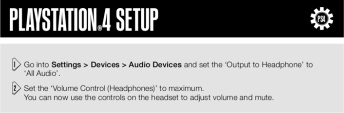 PS4 setup in Settings, Devices, Audio Devices and set Output to Headphone to All Audio