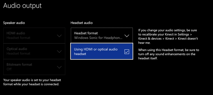 Audio output settings menu on Xbox one