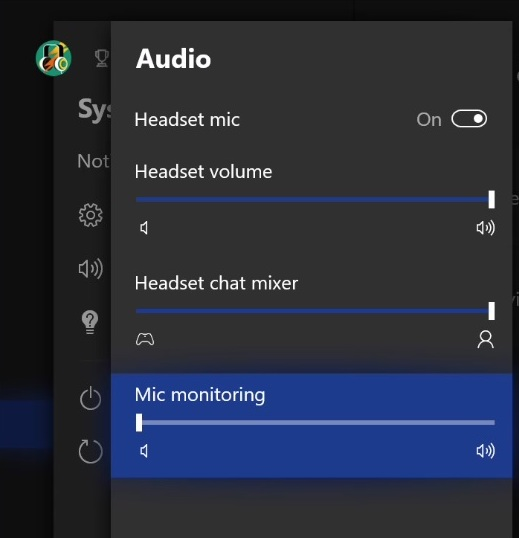 Audio mixer menu on the Xbox dashboard
