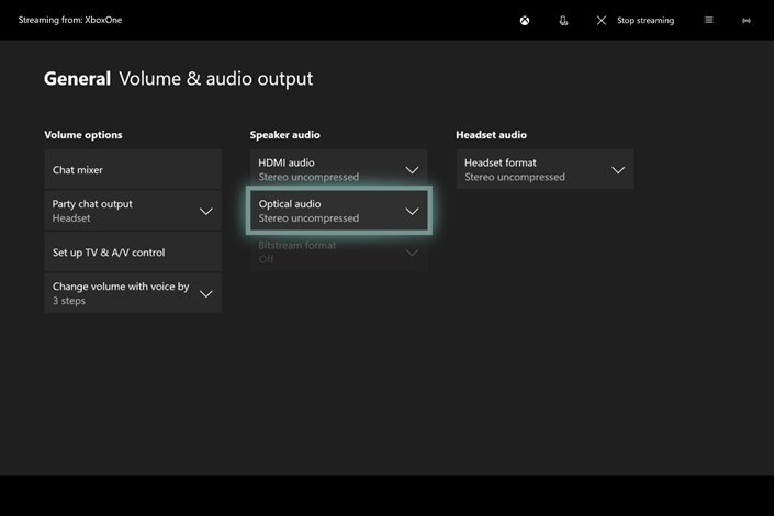 An image showing the audio settings on Xbox one and where to change the audio output to optical