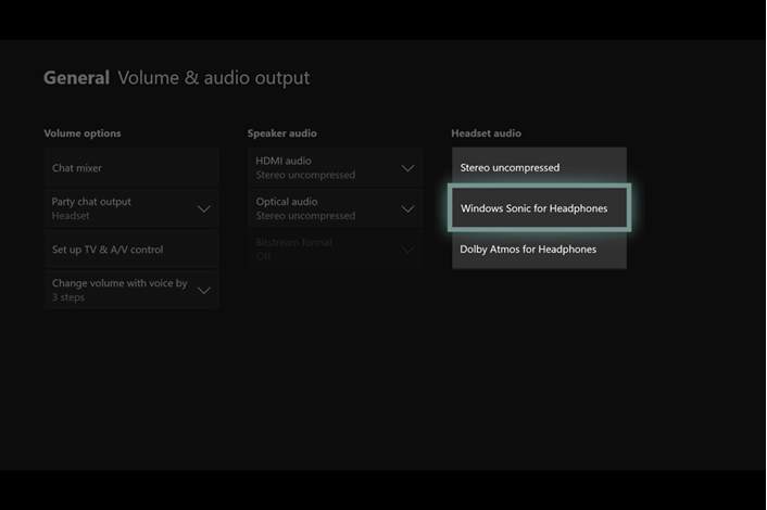 Image of the Xbox one volume and audio output menu showing what options to pick for surround sound or Dolby Atmos