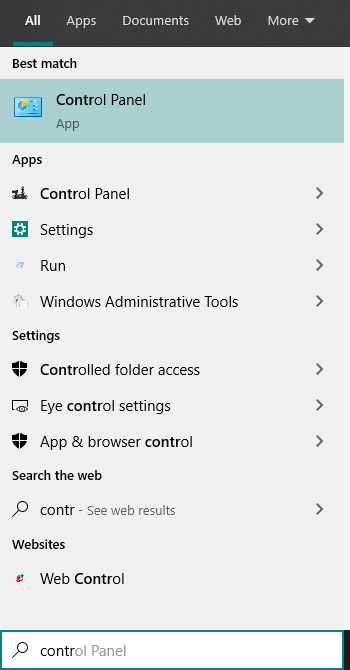 Search results for control panel app on windows