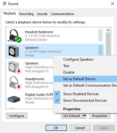 Sound settings on windows with option to Set as Default Device highlighted