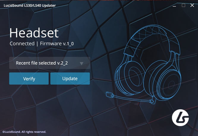 Image showing the lucid sound firmware updater confirming that the headset is connected