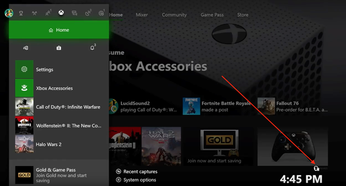 Xbox one settings screen with headset and battery power icons